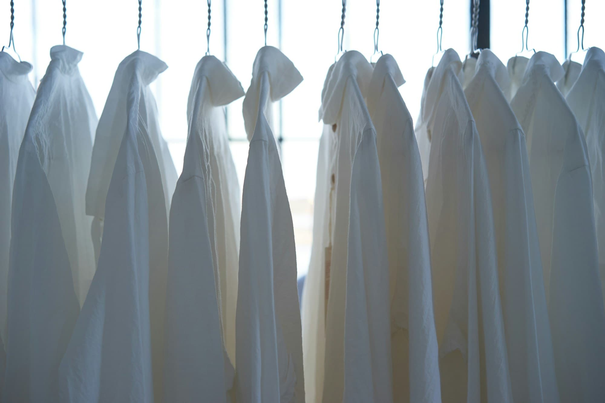 Crisp white shirts hanging in soft daylight